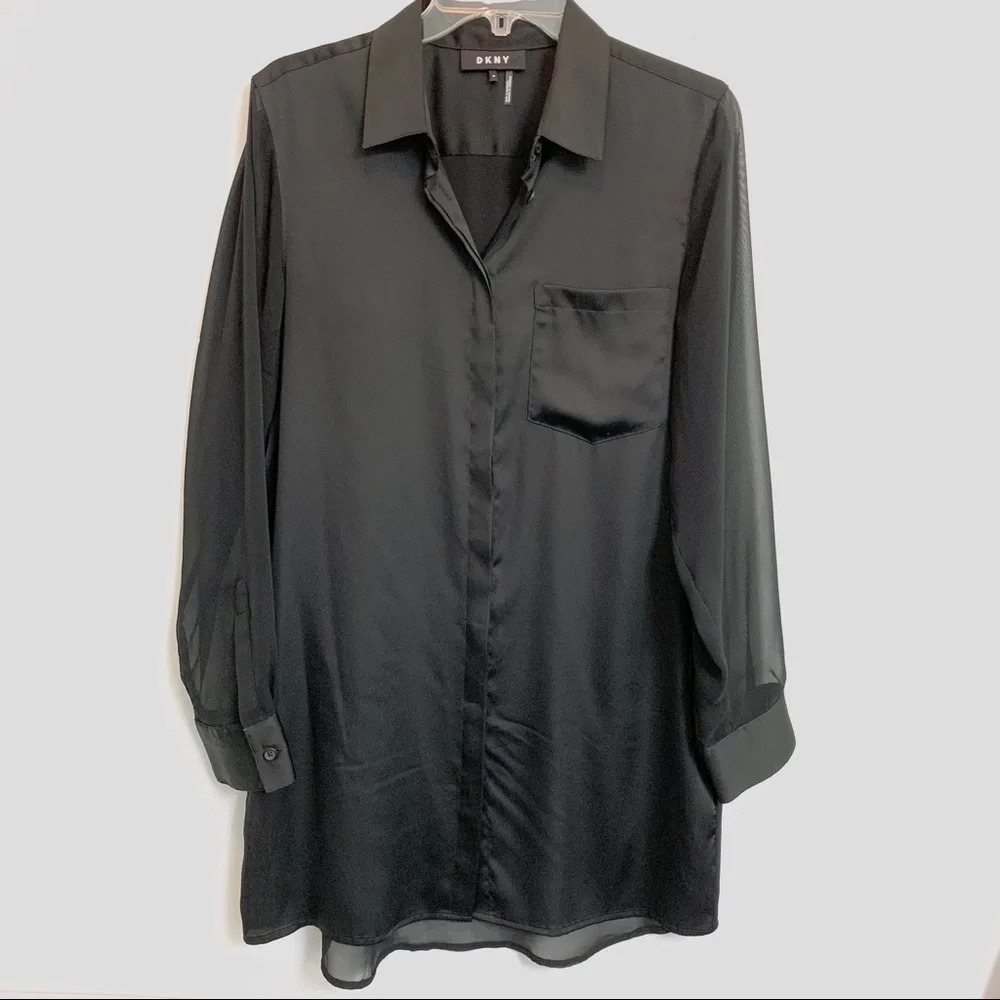 DKNY Button Down Black Sheer Long Sleeve Blouse
